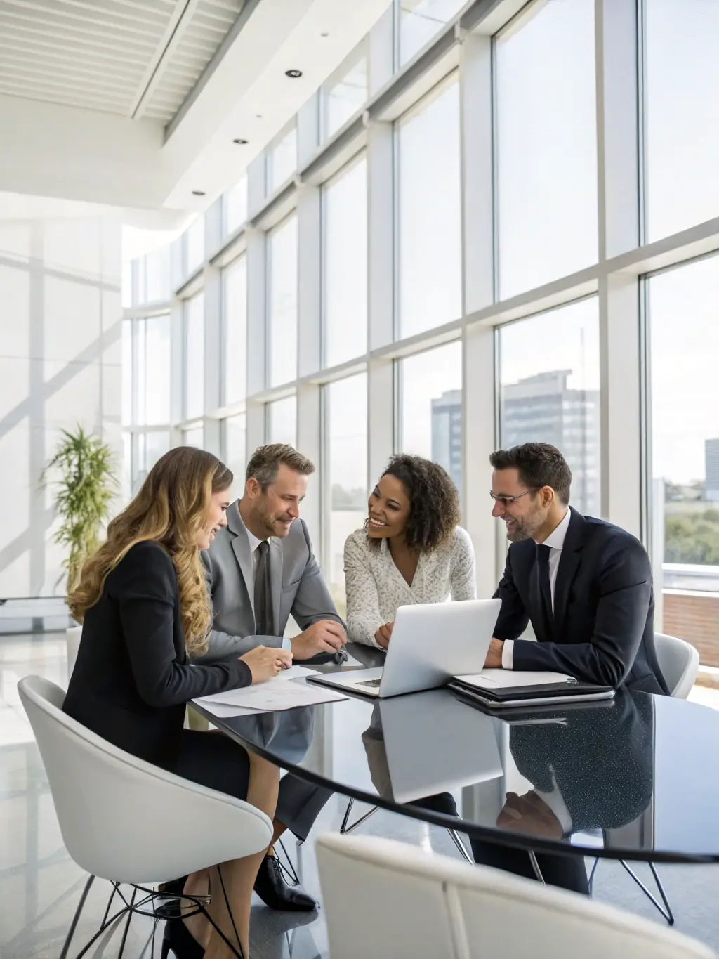 A diverse group of Mexican professionals collaborating on financial plans in a bright, modern office.