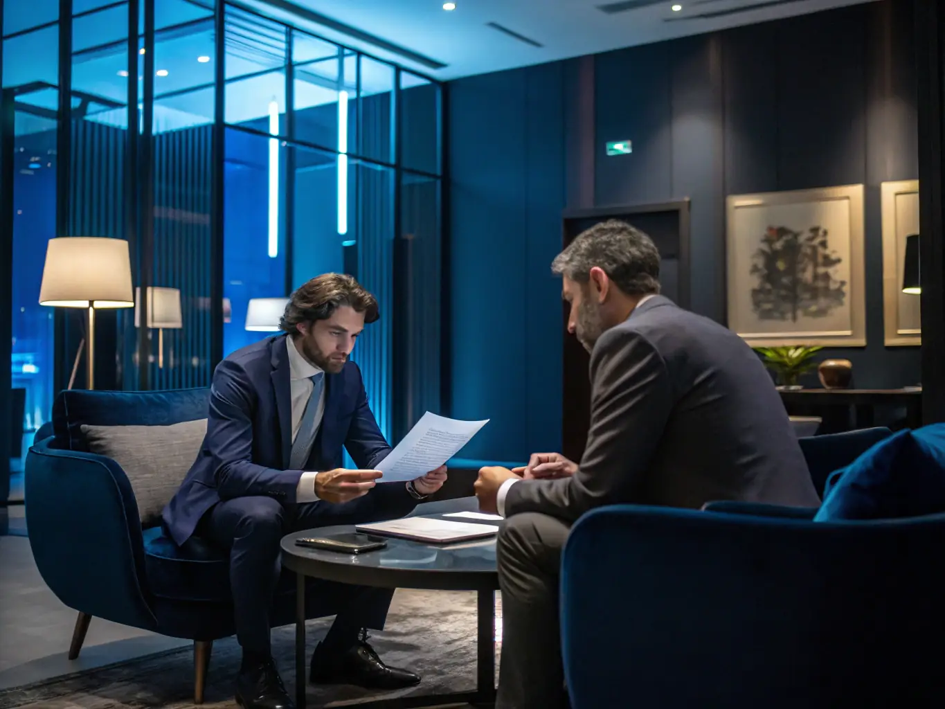 A professional meeting between a financial advisor and a client discussing wealth management plans with Mexican financial documents on the table, illustrating wealth management services.