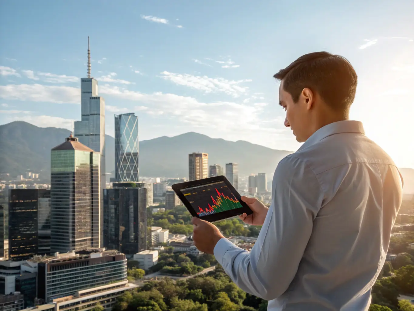 An image of a financial advisor analyzing investment portfolios on a laptop with Mexican stock market charts in the background, representing tailored investment strategies.