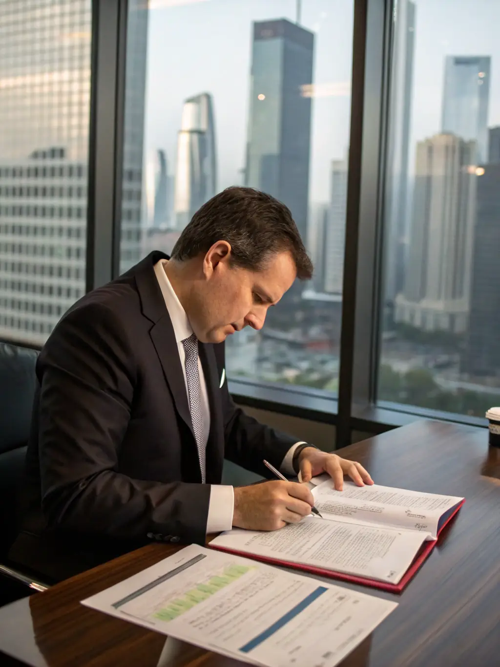A professional Mexican businessman reviewing financial charts in a modern office, symbolizing strategic investment planning.